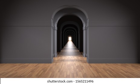 Empty dark architectural interior with infinite arch doors, endless corridor of doorway, walkaway, labyrinth. Move forward, opportunities, business, future, concept with copy space, 3d illustration