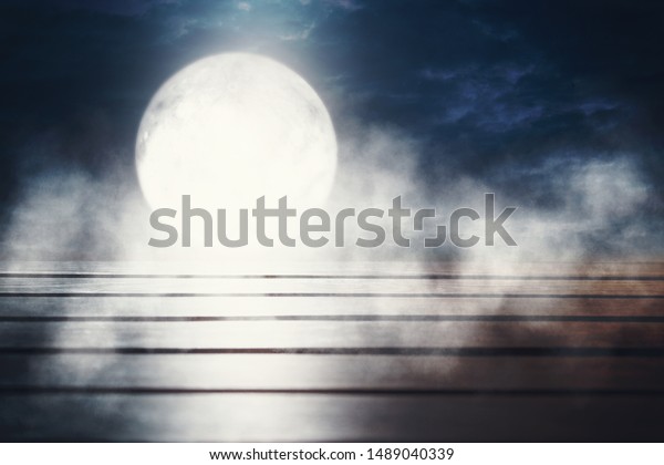 Empty\
dark background. The glow of the moon in the forest, moonlight\
through the trees in the forest. Wooden table\
top