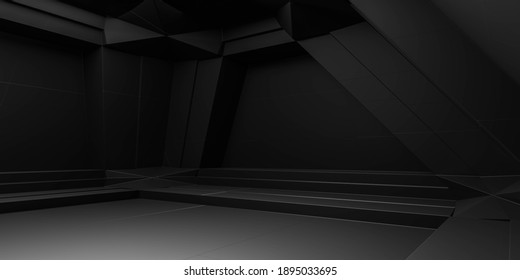 Empty Dark Black Room Futuristic Design 3d Render Illustration