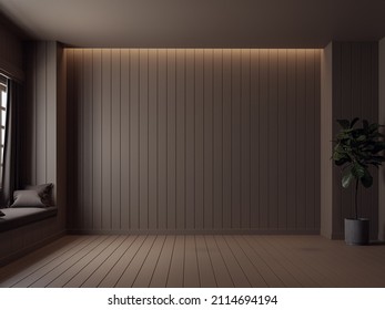 Empty Dark Brown Plank Wall Room Interior 3d Render,decorated With Hidden Warm Lighting.