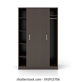 Empty dark brown wooden wardrobe with sliding doors isolated on white background. Include clipping path. 3d render