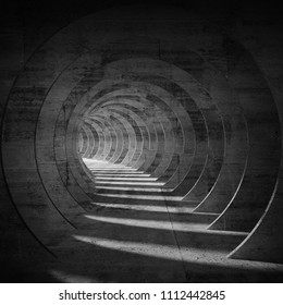 Empty dark concrete tunnel interior with perspective effect. Square 3d illustration
