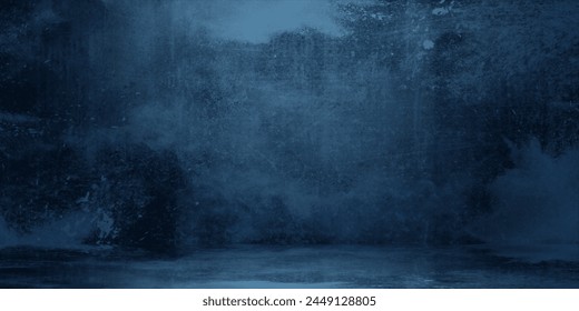  Empty dark concrete wall room studio background and floor perspective with blue soft light well editing displays product and text present on free space cement backdrop