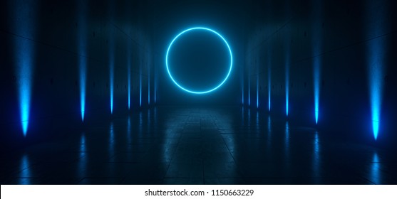 Empty Dark Futuristic Sci Fi Big Hall Room With Lights And Circle Shaped Neon Light On  Refelction Surface 3D Rendering Illustration