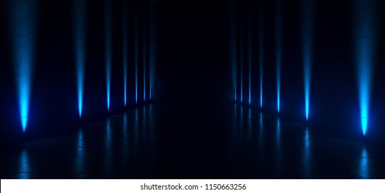 Empty Dark Futuristic Sci Fi Big Hall Room With Lights And Refelction Surface 3D Rendering Illustration