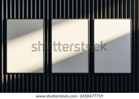 Empty dark metal linear wall with three clean white mock up banners and shadows. Gallery concept. 3D Rendering