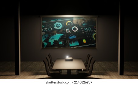 Empty Dark Office With Data Projector Screen On The Wall Showing Colorful Financial Charts And Infographic Diagram Presentation. Fictional 3D Render Illustration Of Boardroom And Charts On Screen.