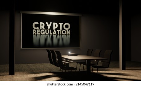 Empty Dark Office With Data Projector Screen On The Wall Showing Crypto Regulation Text. Fictional 3D Render Illustration Of Boardroom And Blockchain Regulation Presentation On Screen.