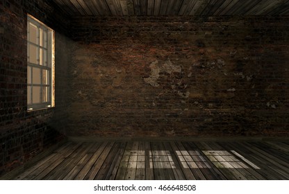 Empty dark old abandoned room with old cracked brick wall and old hardwood floor with volume light through window pane. Haunted room in dark atmosphere with dim light, 3D rendering
