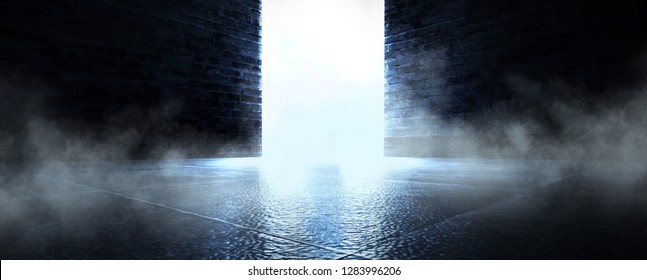 Empty Dark Room, Cold Dark Background, Smoke, Smog, The Light From The Window Falls To The Floor. Light Spotlights And Neon, Rays, Smoke. 3D Rendering

