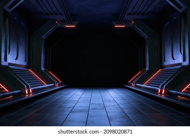 Empty Dark Room, Modern Futuristic Sci Fi Background. 3D Illustration