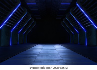 Empty Dark Room, Modern Futuristic Sci Fi Background. 3D Illustration