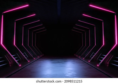 Empty Dark Room, Modern Futuristic Sci Fi Background. 3D Illustration