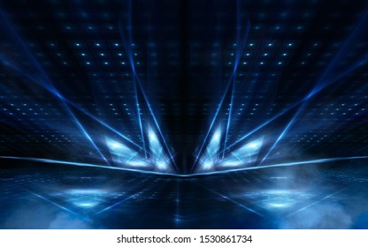Empty dark scene. Abstract blue background with rays and lines. Blue neon light spotlights. Abstract light, background. Reflection of light in the dark.