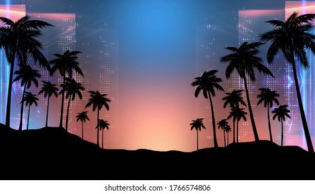 Empty Dark Tropical Background Of Night Sea Beach, Neon Light, City Lights. Silhouettes Of Tropical Palm Trees On A Background Of Bright Abstract Sunset. Modern Futuristic Landscape. 3d Illustration