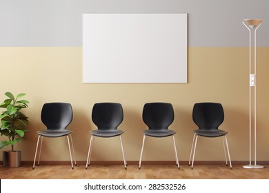 Empty doctors waiting room with empty picture frame and black chairs 