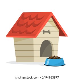 Empty Dog Kennel With Red Wooden Roof. House For Domestic Animal Pet. Isolated Flat Illustration