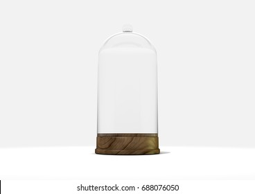 An Empty Dome Shaped Glass Display Case With A Wooden Base On An Isolated White Studio Background - 3D Render