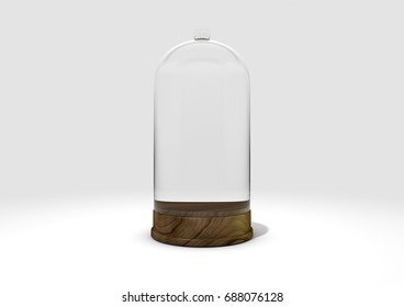 An Empty Dome Shaped Glass Display Case With A Wooden Base On An Isolated White Studio Background - 3D Render