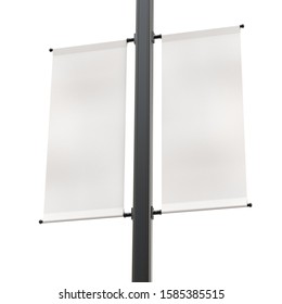 Empty Double Lamp Post Banner Isolated On White Background. Realistic 3D Mockup.