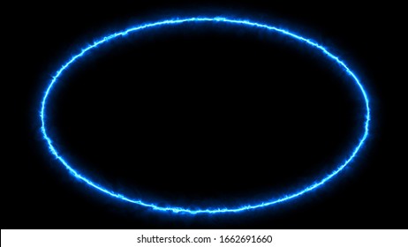 Empty e lip circle, circular frame with electric power border glowing, burning flame sign. Blank circle fire with electric power around frame lights. The best stock photo image blue electric power