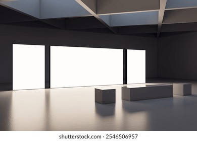 Empty exhibition space featuring large blank digital screens and simple podiums on a dark background. Concept of modern design. 3D Rendering