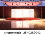 Empty exhibition stage with red carpet, spotlights, and blank posters. Modern design on a reflective floor. Concept of event setup. 3D Rendering