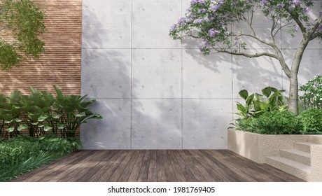Пустая внешняя бетонная стена с тропическим садом 3d рендеринга, украшенная деревом в тропическом стиле, солнечный свет на стене