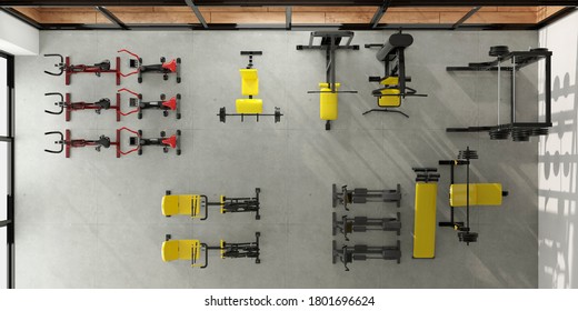 Empty Fitness Center From Above With Lots Of Sports Equipment And Weight Machines For Endurance Training And Bodybuilding (3D Rendering)