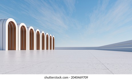 Empty Floor In Abstract Modern Environment With Arches. 3D Illustration. 3D Rendering.