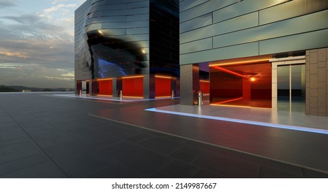 Empty floor with modern buildings with red glass window and bump shape design steel facade wall. 3d rendering