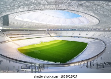 Empty Football Soccer Arena Tribunes Without Fans. Soccer Football Event Cancellation: Sport Stadium Field, Closed Stadium Due To Pandemic. Coronavirus Impact Sport Events, Championships 3D Background