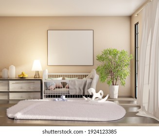 Empty Frame Above Crib In Empty Children Room. Carpet On A Floor And Panoramic Window. 3D Rendering.