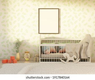 Empty Frame Above Crib In Morning Light Interior. Template For Pictures. 3D Rendering.