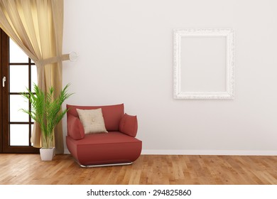 Empty Frame Hanging On Wall In Living Room Next To Chair (3D Rendering)