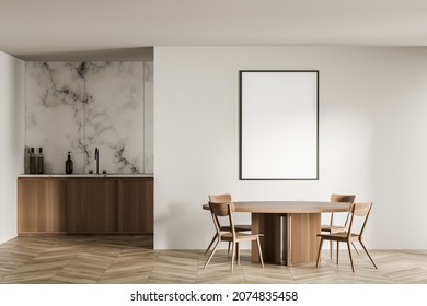 Empty Frame Mockup In Beige Dining Room With Round Table And Minimalist Marble Kitchen On Background. Parquet Floor. 3d Rendering