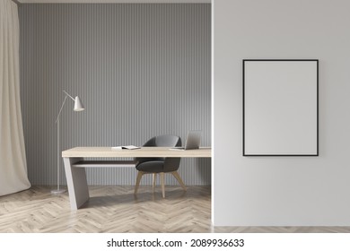 Empty Frame Next To Office With Light Grey Interior Design, Using Creative Wooden Desk, Chair, Curtain, Floor Lamp And Parquet Flooring. Minimalist Concept. Mockup. 3d Rendering