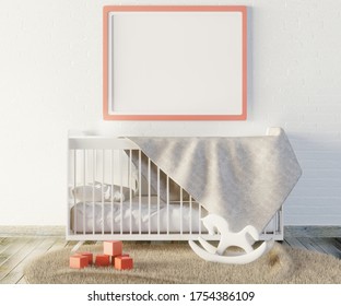 An Empty Frame On The Wall Above The Crib. Template For Photos And Lettering Toys On The Wooden Floor. 3D Rendering.