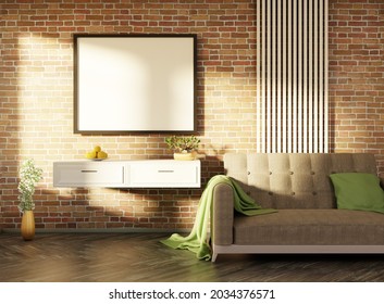 Empty frame on a wall. Horizontal frame template with morning sunrise. Cozy couch on a wooden floor. Template for images. 3D rendering. - Shutterstock ID 2034376571