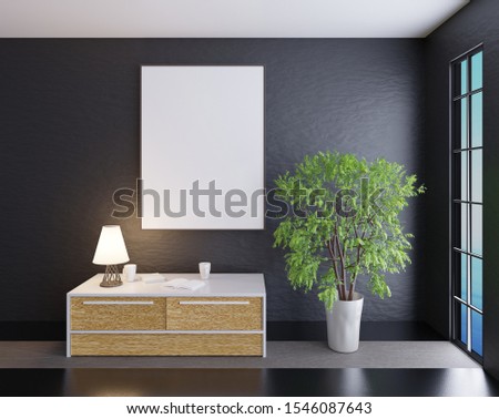 An empty frame on the wall in a room with dark walls. Poster template for advertising, lettering and photos. 3D rendering. 3D illustration.