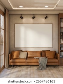Empty frame with spotlight over brown leather sofa with cushion and blanket on wooden parquet floor. Earth tone room, 3D Rendering, 3D Illustration.