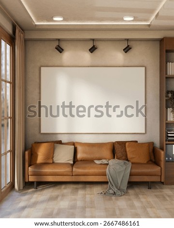 Empty frame with spotlight over brown leather sofa with cushion and blanket on wooden parquet floor. Earth tone room, 3D Rendering, 3D Illustration.