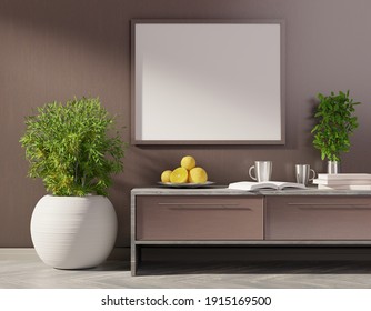 Empty frame template on a black wall. Wooden table and home plant on a floor. 3D rendering.