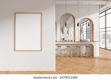Empty framed poster mockup on wall in modern cafe interior, wooden floor, bright lighting, urban view. Concept of advertising. 3D Rendering