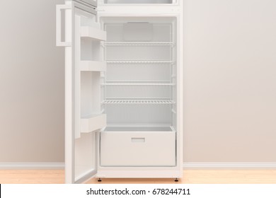 Empty Fridge With Open Door. 3d Illustration.