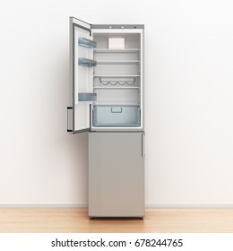 Empty Fridge With Open Door. 3d Illustration.