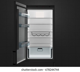 Empty Fridge With Open Door At Night. 3d Illustration.