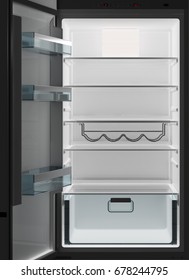 Empty Fridge With Open Door At Night. 3d Illustration.