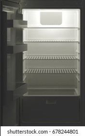 Empty Fridge With Open Door At Night. 3d Illustration.