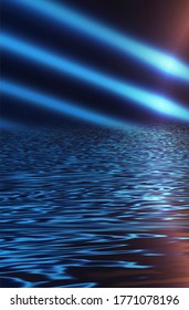 Empty futuristic dramatic fantasy scene. Night marine, underwater abstract background. Abstract dark landscape, street wet, smoke, smog. Neon blue light fluid element. 3D illustration
